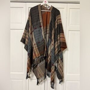 World Market Striped Fringe Plaid Shawl Sweater Cardigan One Size Boho Lagenlook